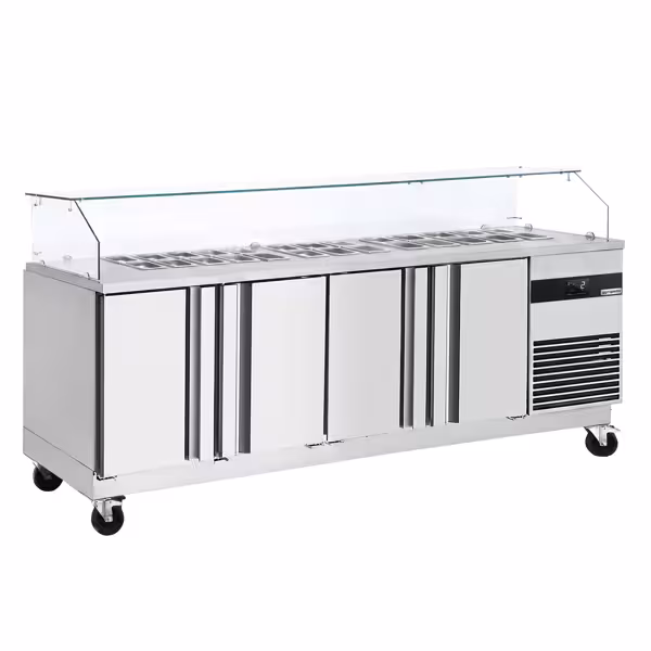 Stół chłodniczy sałatkowy PREMIUM – 2330 mm – z 4 drzwiami – z kanciastą nadstawką szklaną na 10x GN 1/6