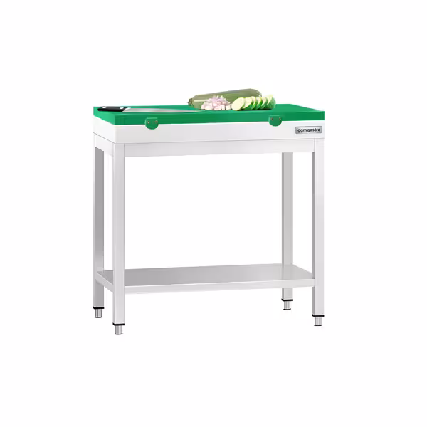 Arbetsbänk i rostfritt stål PREMIUM - 700x700 mm - med underhylla - inkl. skärbräda grön