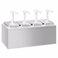 Dispenzer za umake - 4-dijelni (4 spremnika + 4 dozirne pumpe + postolje) - nehrđajući čelik 18/10, spremnici polipropilen (PP) - 4x 2 l - 480x215x325 mm - einstellbarer Dosierung - s spremnikom - uklj. postolje od nehrđajućeg čelika