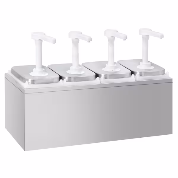 Dozator sosuri - oțel inoxidabil - 4x 2 litri - dozare 30 ml - dozaj reglabil - 480x215x325 mm - cu Recipient - incl. Suport inox dozatoare sosuri