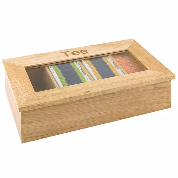 Téibox – Holz – 4 Fächer – mat Kuckfenster & Gravur – brong