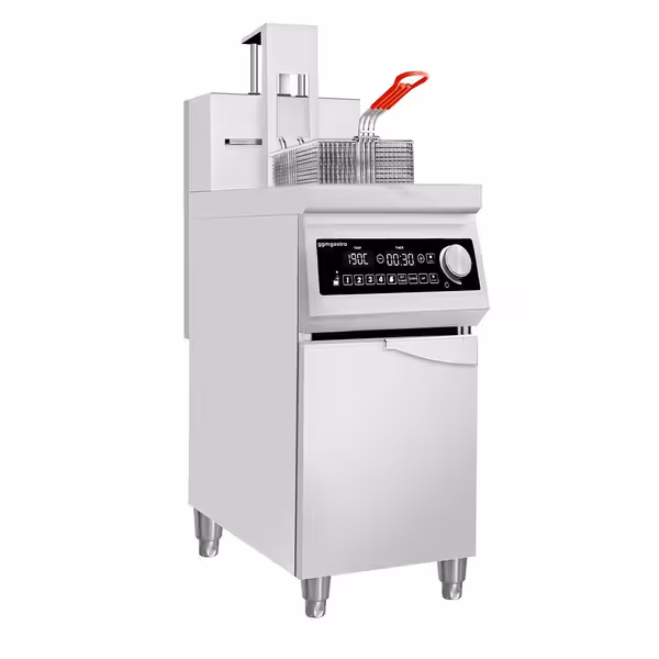 Indukciós olajsütő - álló - 30 liter - 10,0 kW - digitális vezérlés - automatikus kosátemeléssel - hidegzónás