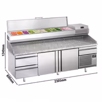 Stół chłodniczy do pizzy PREMIUM PLUS - 3305x800mm - z 3 drzwiami & 3 szufladami - włącznie z witryną chłodniczą nadstawną - 11x GN 1/4