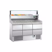 Commercial Pizza Prep Counter - Granite Top ECO - 1400x700mm - with 0 doors & 6 drawers 1/2 - incl. refrigerated topping unit with glass sneeze guard LED - 6x GN 1/4