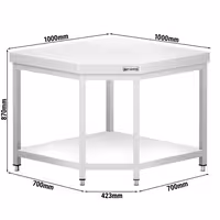 Stūra nerūsējošā tērauda darba galds PREMIUM - 1000x700 mm - ar apakšējo plauktu