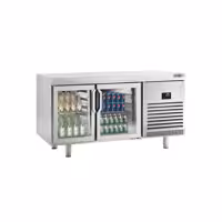 Stół chłodniczy barowy do napojów Premium PLUS – przelotowy – 1618 x 800 mm – EN 600 x 400 – z 2 drzwiami szklanymi – do cukierni i piekarni