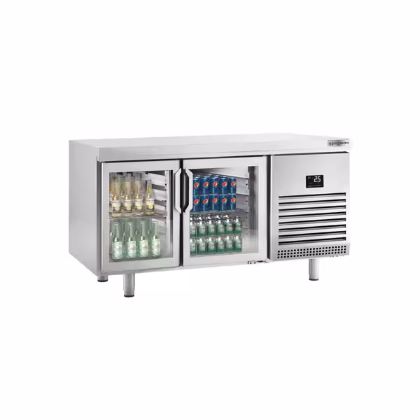 Stół chłodniczy barowy do napojów Premium PLUS – przelotowy – 1618 x 800 mm – EN 600 x 400 – z 2 drzwiami szklanymi – do cukierni i piekarni