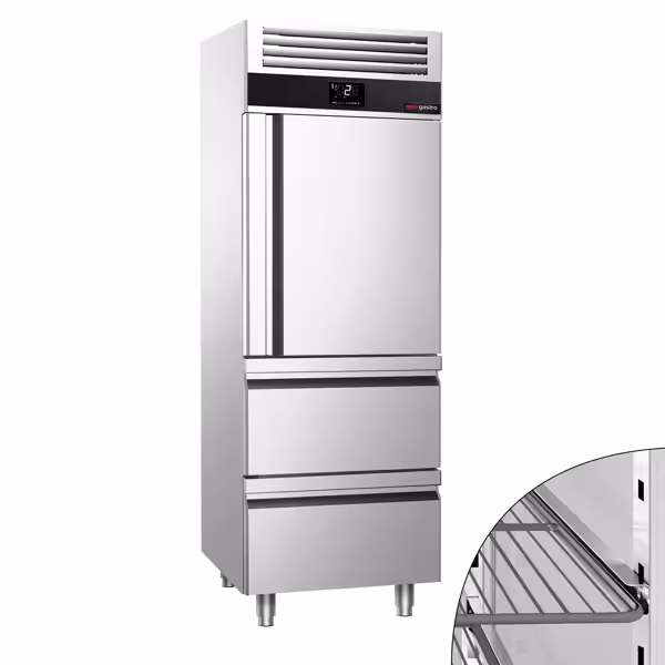 Szafa mroźnicza PREMIUM – stal nierdzewna – GN 2/1 – 700 L – z 1 półdrzwiami i 2 szufladami