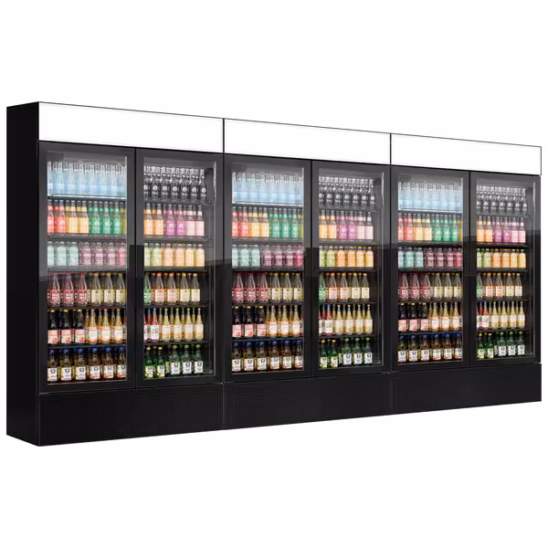 (3 pz) Vetrina frigo per bibite - 1200mm - 3600l - porta in vetro senza cornice - con 6 porte in vetro & cassonetto pubblicitario illuminato & illuminazione LED - Nero