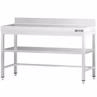 Rozsdamentes acél munkaasztal PREMIUM - 1400x800 mm - alsó polccal & hátsó peremmel & lábösszekötővel