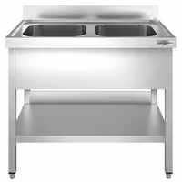 Stół zlewozmywakowy PREMIUM – stal nierdzewna – 1200 x 600 mm – z półką dolną – ze zlewem 2-komorowym pośrodku – z rantem