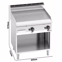 Plinski roštilj - 13,8 kW - Kombinirana (glatka/rebrasta) - površina pečenja: 795x500 mm - na otvorenom ormariću - satinirana (Scotch-Brite) završna obrada