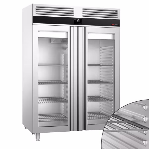 Szafa chłodnicza PREMIUM – stal nierdzewna – GN 2/1 – 1400 L – z 2 drzwiami szklanymi – z izolacją 85 mm