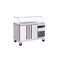 Stół chłodniczy sałatkowy PREMIUM – 1400 mm – z 2 drzwiami – z kanciastą nadstawką szklaną na 6x GN 1/6