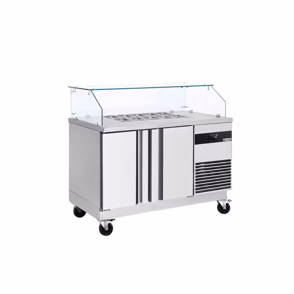 Stół chłodniczy sałatkowy PREMIUM – 1400 mm – z 2 drzwiami – z kanciastą nadstawką szklaną na 6x GN 1/6