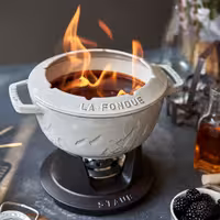 STAUB | Cast Iron Fondue Set – Ø 20 cm - White Truffle - 6 Forks, Burner, Board