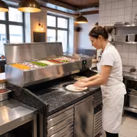 Stół chłodniczy do pizzy PREMIUM - 1500x800mm - z blatem granitowym - 1‑drzwiowy, 7 szuflad - z nadstawką chłodniczą - 6x GN 1/3