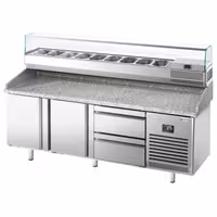 Table réfrigérée à pizza Premium PLUS - 1980x700 mm - avec 2 portes & 2 tiroirs - incl. vitrine réfrigérée - 9x GN 1/4