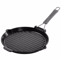 STAUB | Pure Grill Round Cast Iron Grill Pan – Ø28 cm - Black - Spout & Folding Silicone Handle
