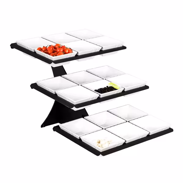 Etagere / Buffet Stand - Black - Height: 412mm - incl. 18 Melamine bowls 140x140mm - with 3 shelves - square - Powder-coated stainless steel & melamine