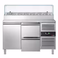 PREMIUM pripremni stol – 1360 mm – 1 vrata i 2 ladice – s gornjom plohom od stakla – za 7 x GN 1/3