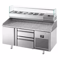 Table réfrigérée à pizza Premium PLUS - 1490x700 mm - avec 1 porte & 2 tiroirs - incl. vitrine réfrigérée - 6x GN 1/4