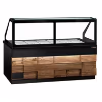 Saladette refrigerata professionale TORONTO - 2550mm - rivestimento frontale in legno - 4 porte - con vetrina in vetro dritto per 6x GN 1/1, 1 ripiano - piano di lavoro in granito