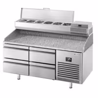 Pizzapult PREMIUM PLUS - 1490x700 mm - 0 ajtó + 4 fiók - feltéthűtővel - 6x GN 1/4 - gránit munkalappal