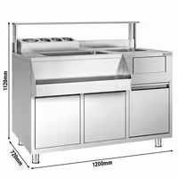 Koktel stanica - inox - 1200x720 mm - s 2 ladice, sudoper desno, 8 GN spremnika (1x 2/3, 1x 1/4, 2x 1/6, 4x 1/9) & higijenska zaštita i šipka za čuvanje boca
