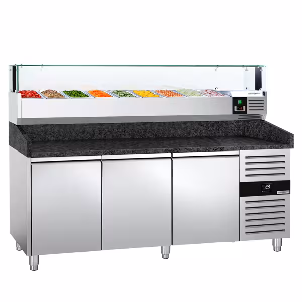 Stół chłodniczy do pizzy PREMIUM - 2025x800mm - z blatem granitowym - 3‑drzwiowy - z nadstawką chłodniczą z osłoną szklaną z oświetleniem LED - 9x GN 1/3