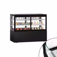 Commercial cake display fridge MADRID Self-Service - 530L - 1500mm - Double glazing - square - with 2 glass shelves - rear sliding doors - incl. night curtain - for patisserie - Black matt