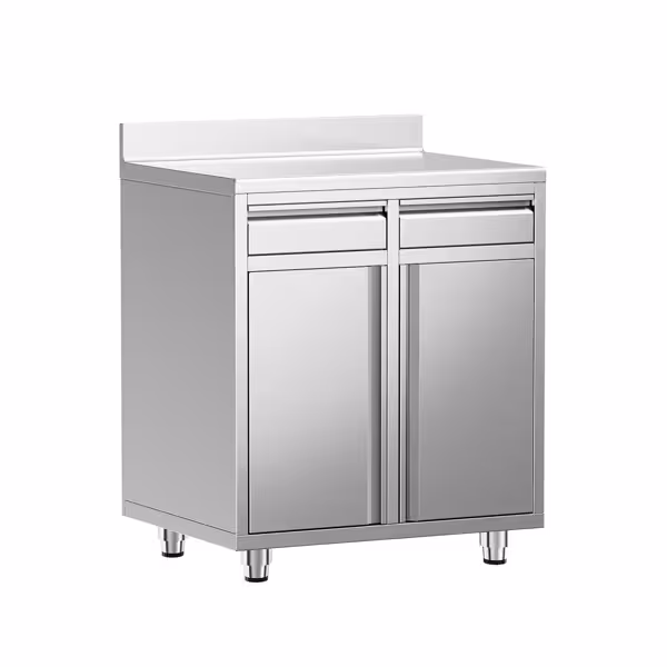 Paslanmaz Çelik Dolaplı Cafe / Bar Çalışma Tezgahı - Kahve ve Espresso Makinesi Standı - 800x600 mm - 2 Çekmeceli - 2 Menteşeli Kapılı - Şutlu Çöp Hazneli - Sırtlıklı