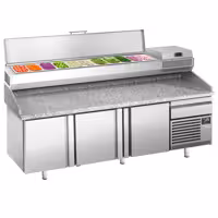 Stół chłodniczy do pizzy Premium PLUS – 2305 x 800 mm – z 3 drzwiami i 1 szufladą – wraz z witryną chłodniczą – 11 pojemników GN 1/4