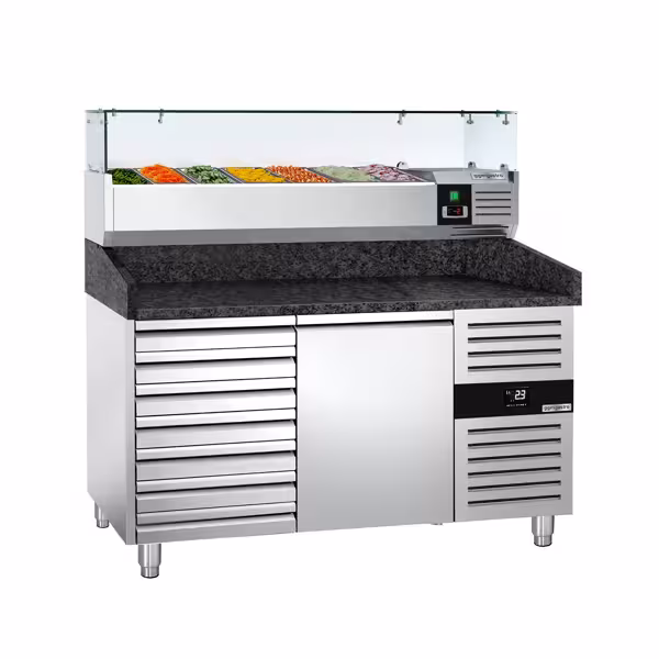 Stół chłodniczy do pizzy PREMIUM - 1500x800mm - z blatem granitowym - 1‑drzwiowy, 7 szuflad - z nadstawką chłodniczą z osłoną szklaną - 6x GN 1/3