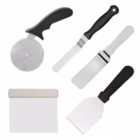 Cake Decorating Spatula Set - Stainless Steel - 5-piece - 1 Pizza Cutter, 2 Palette Knives, 1 Spatula & 1 Dough Scraper