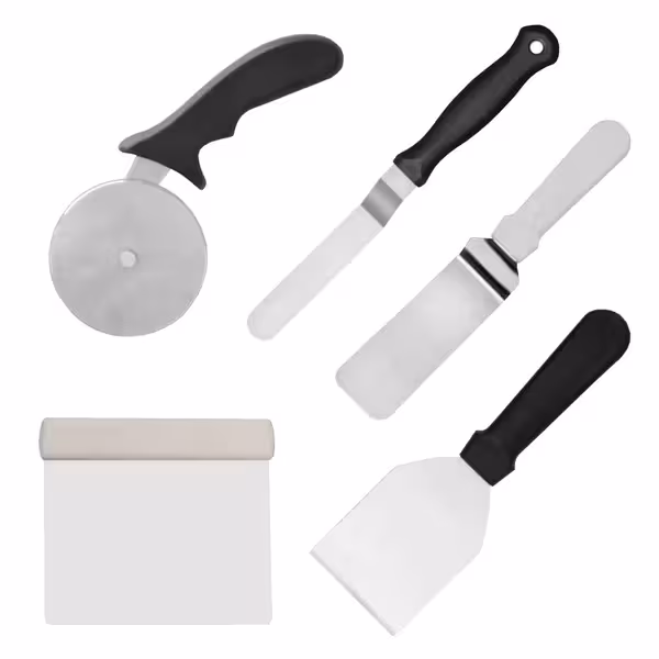 Set patiserie si decorare prăjituri 5 piese - 1 tăietor pizza, 2 cuțite paletă, 1 spatulă și 1 racletă aluat