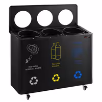 Ecoponto - em rodas - 3 compartimentos de 25L cada - 960x640x360mm - com rodas - 2 rodas com travão, autocolantes de separação incluídos - Preto - Aço (estrutura) & Plástico (recipientes)