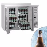 Stół chłodniczy barowy do napojów Premium PLUS SUPERCOOLER – stal nierdzewna – 1475 x 700 mm – z 2 drzwiami szklanymi i rantem