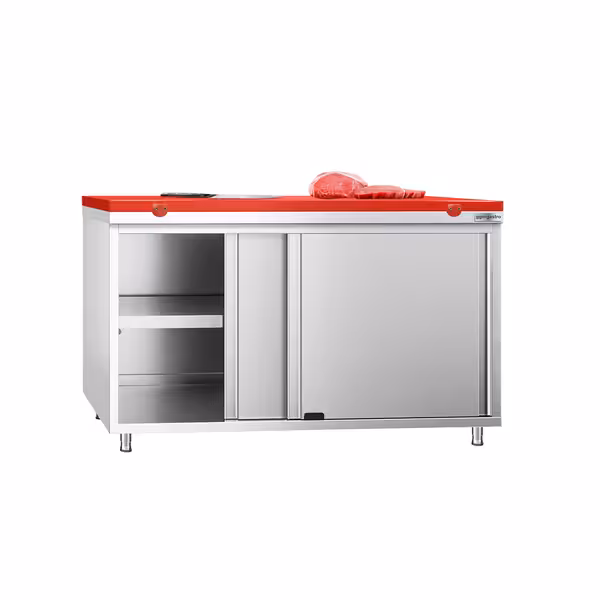 Arbetskåp i rostfritt stål PREMIUM - 1400x700 mm - med 2 skjutdörrar - inkl. skärbräda röd