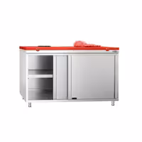 Arbetskåp i rostfritt stål PREMIUM - 1400x600 mm - med 2 skjutdörrar - inkl. skärbräda röd