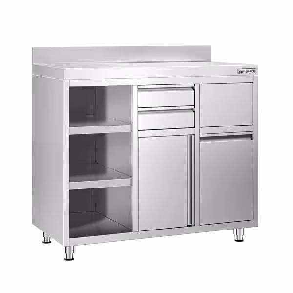 Paslanmaz Çelik Dolaplı Cafe / Bar Çalışma Tezgahı - Kahve ve Espresso Makinesi için - 1200x600 mm - 2 Çekmeceli - 1 Menteşeli Kapılı - Şutlu Çöp Hazneli - Devrilebilir Çöp Hazneli - Sırtlıklı - Sol Tarafta Ayarlanabilir Raflı
