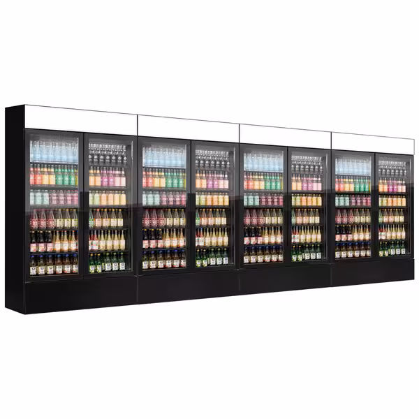 (4 pz) Vetrina frigo per bibite - 4800mm - 4800l - porta in vetro senza cornice - con 8 porte in vetro & cassonetto pubblicitario illuminato & illuminazione LED - Nero