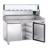 Table réfrigérée à pizza PREMIUM - 1500 x 800 mm - avec 2 portes - incl. vitrine réfrigérée avec LED - 5 x GN 1/3 + 1 x GN 1/2