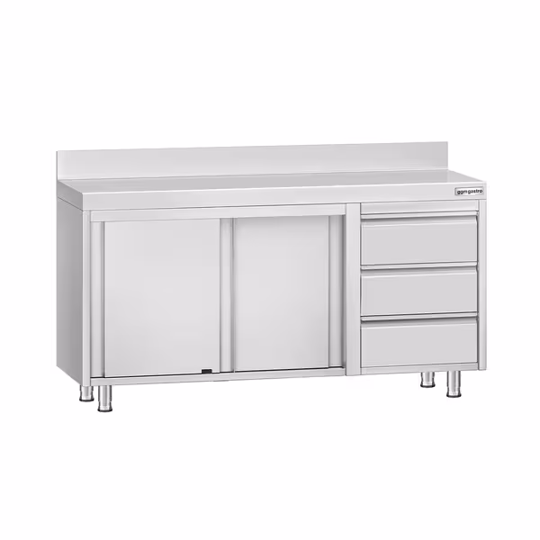 خزانة قاعدية ستانلس ستيل KOPENHAGEN ECO - 1400x700mm - مع أبواب منزلقة ووحدة أدراج 3 يمين و مع حاجز خلفي