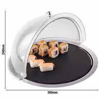 Rolltop Kapaklı Teşhir Standı - 3 Parçalı Set - Ø380mm - Yükseklik: 240mm - Paslanmaz Çelik Tepsi, Doğal Kayrak Taşı Plaka Dahil