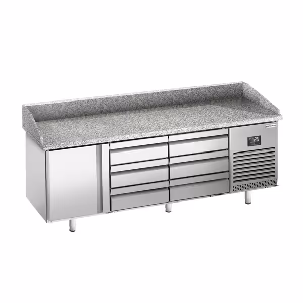 Commercial Pizza Prep Counter - Granite Top PREMIUM PLUS - 1980x700mm - with 1 doors & 6 drawers - incl. refrigerated topping unit - 11x GN 1/4
