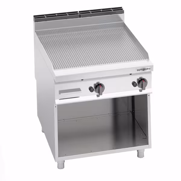 Gázüzemű rostlap - 20 kW - Bordázott - Sütőfelület: 796x667 mm - álló - nyitott tárolóval - Professzionális