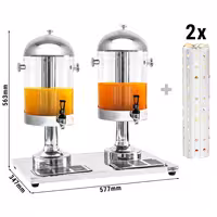 Commercial Juice Dispenser - 2x polycarbonate tanks with tap & ice inserts - 2x 7.5 Litres - Stainless steel - incl. drip tray & ice inserts