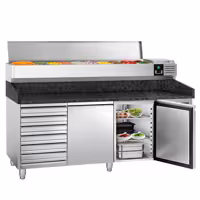 Stół chłodniczy do pizzy PREMIUM - 2025x800mm - z blatem granitowym - 2‑drzwiowy, 7 szuflad - z nadstawką chłodniczą - 10x GN 1/4