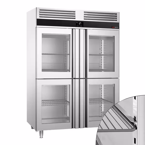 Szafa chłodnicza PREMIUM – stal nierdzewna – GN 2/1 – 1400 L – z 4 półdrzwiami szklanymi